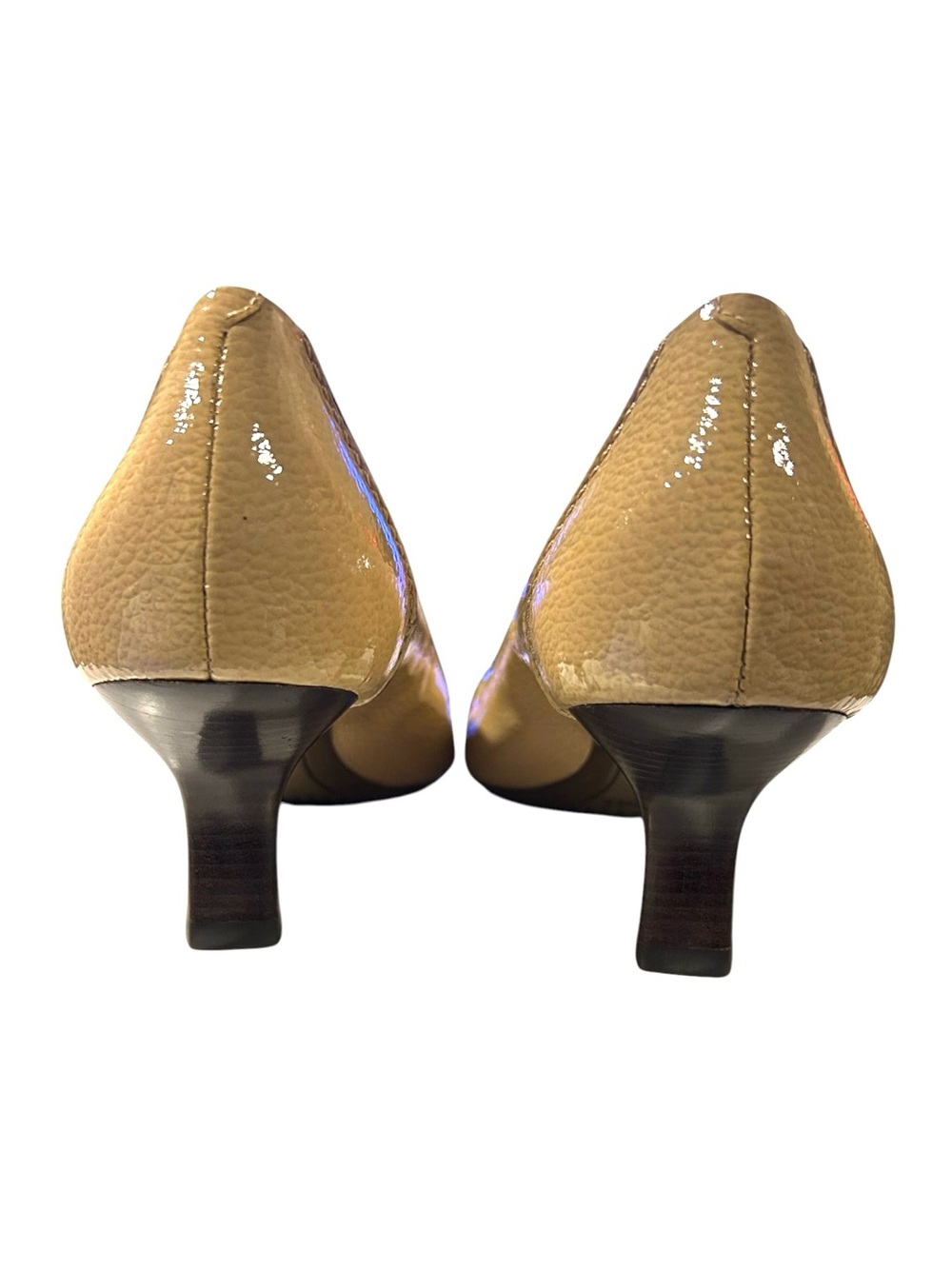 Vintage Cole Haan Tan Beige Patent Leather Square Toe Buckle Block Heel Pumps 9. - Picture 5 of 7